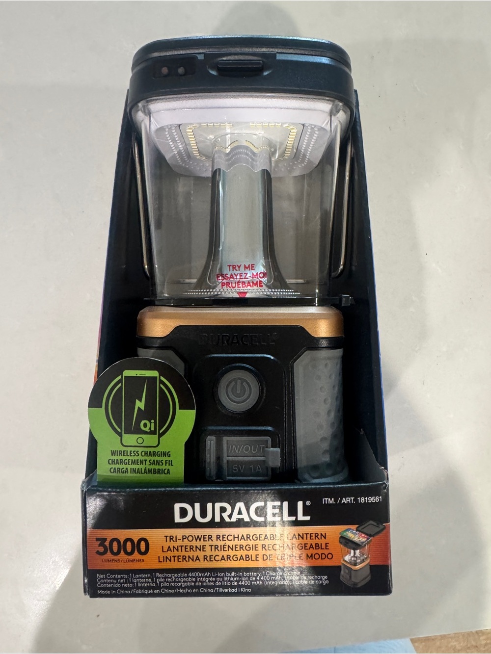 Duracell 3000 Lumen Tri-Power Rechargeable LED Lantern Solar USB Qi NIB